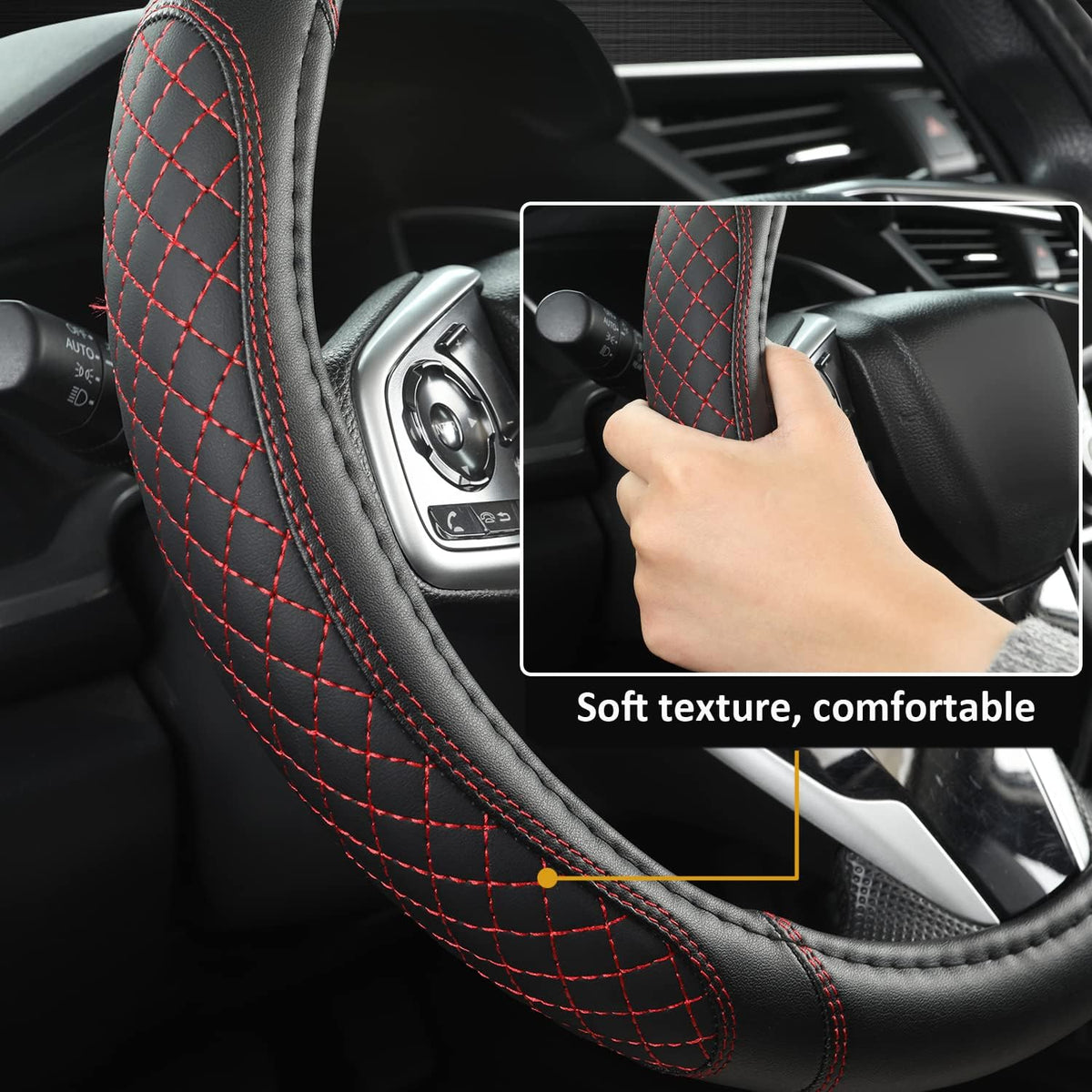 West Llama Car Steering Wheel Cover for Ford Escape,Explorer,Fusion,Focus,Bronco,Transit,Edge(Diamond Quilted - Black+Red- Standard Size)