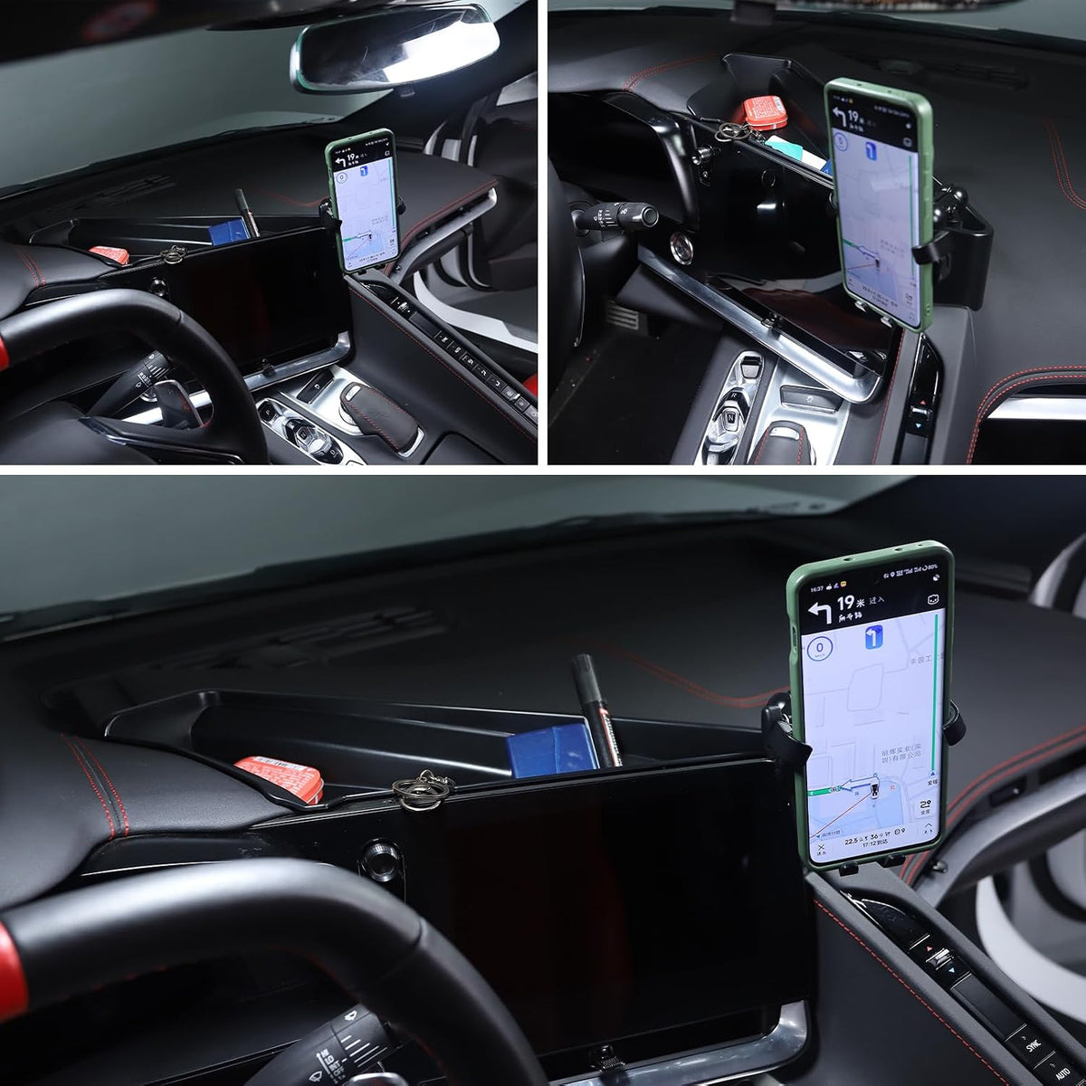 for Corvette C8 Center Console Tray Phone Holder Mount Organizer,360 Degree Rotatable Phone Holder Stand Navigation Screen Rear Storage Box Organizer Tray for Corvette C8 2020-2024 2025 (D)