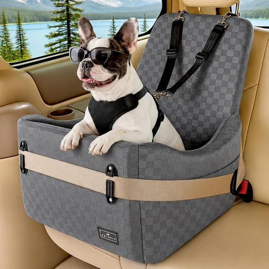 PETSFIT Dog Car Seat for Small/Medium Dogs Up to 35 lbs – Patented Safety System, 5" Memory Foam Pet Booster Car Seat, Fully Detachable and Washable Dog Carseat with 2 Storage Pockets (Grey)