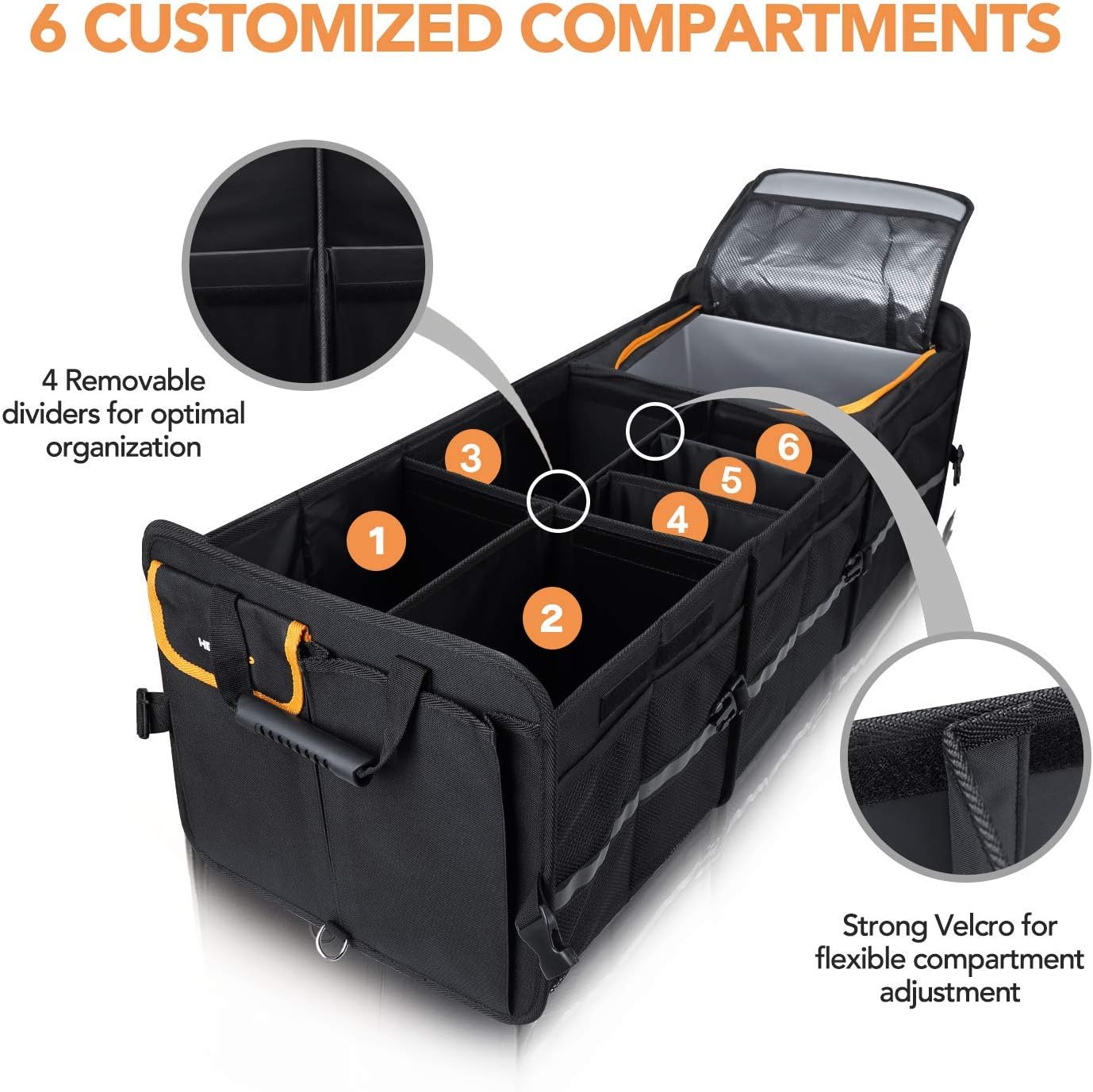 HEYTRIP Large Trunk Organizer With Built-in Leakproof Cooler Bag, 2 Tie-Down Straps, 4 Removable Dividers, Foldable Cover, Built with 2mm PE Board
