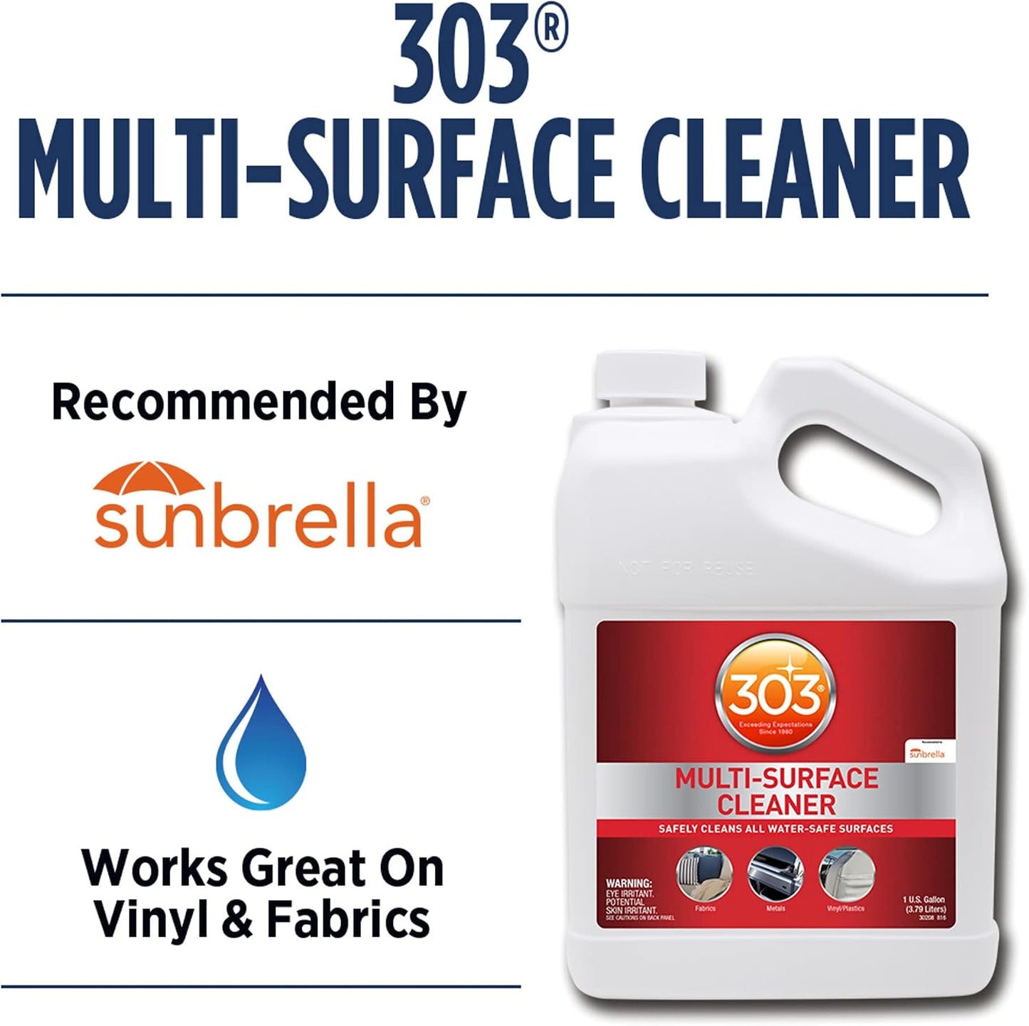 303 Products Multi-Surface Cleaner - Safely Cleans All Water Safe Surfaces, Including All Types of Fabric and Vinyl, Rinses Residue Free, Manufacturer Recommended, 1 Gallon (30570) | bike-oils