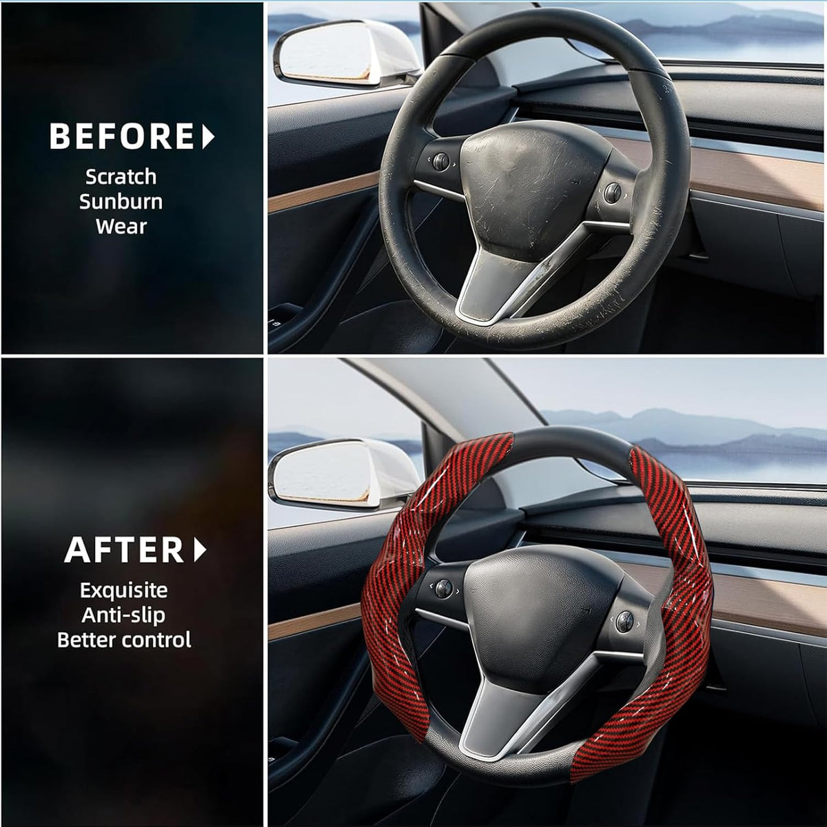 Carbon Fiber Steering Wheel Cover 2PCS Segmented Clip-on Protector (Red)
