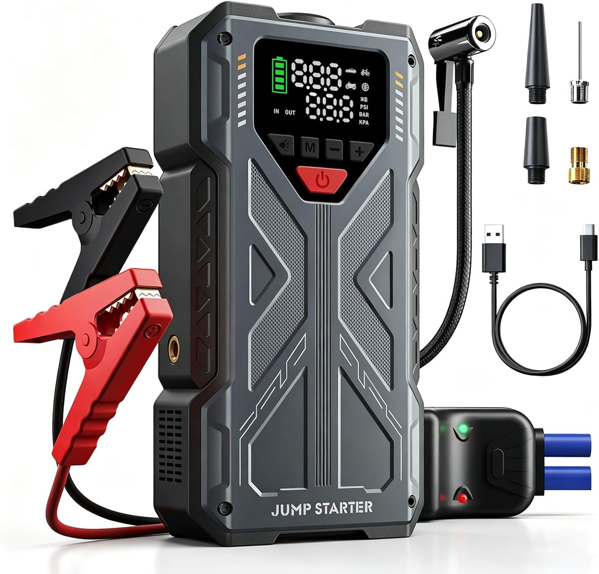 Jump Starter with Air Compressor, 4000A 12V Portable Car Jump Box, 150PSI Tire Inflator Battery Jumper Booster, Power Bank LED Flashlight, Car Emergency Kit for Vehicles (9.0L Gas / 8.0L Diesel)
