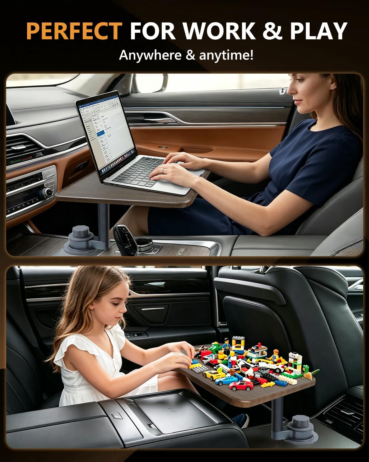 Car Desk for Laptop, 360° Rotation Cup Holder Table, Car Table & Car Food Tray for Tesla Model Y/3, F-150/Ram 1500/GMC Sierra 1500 & Most Vehicles, Car Accessories for Women & Men(Long Pole)