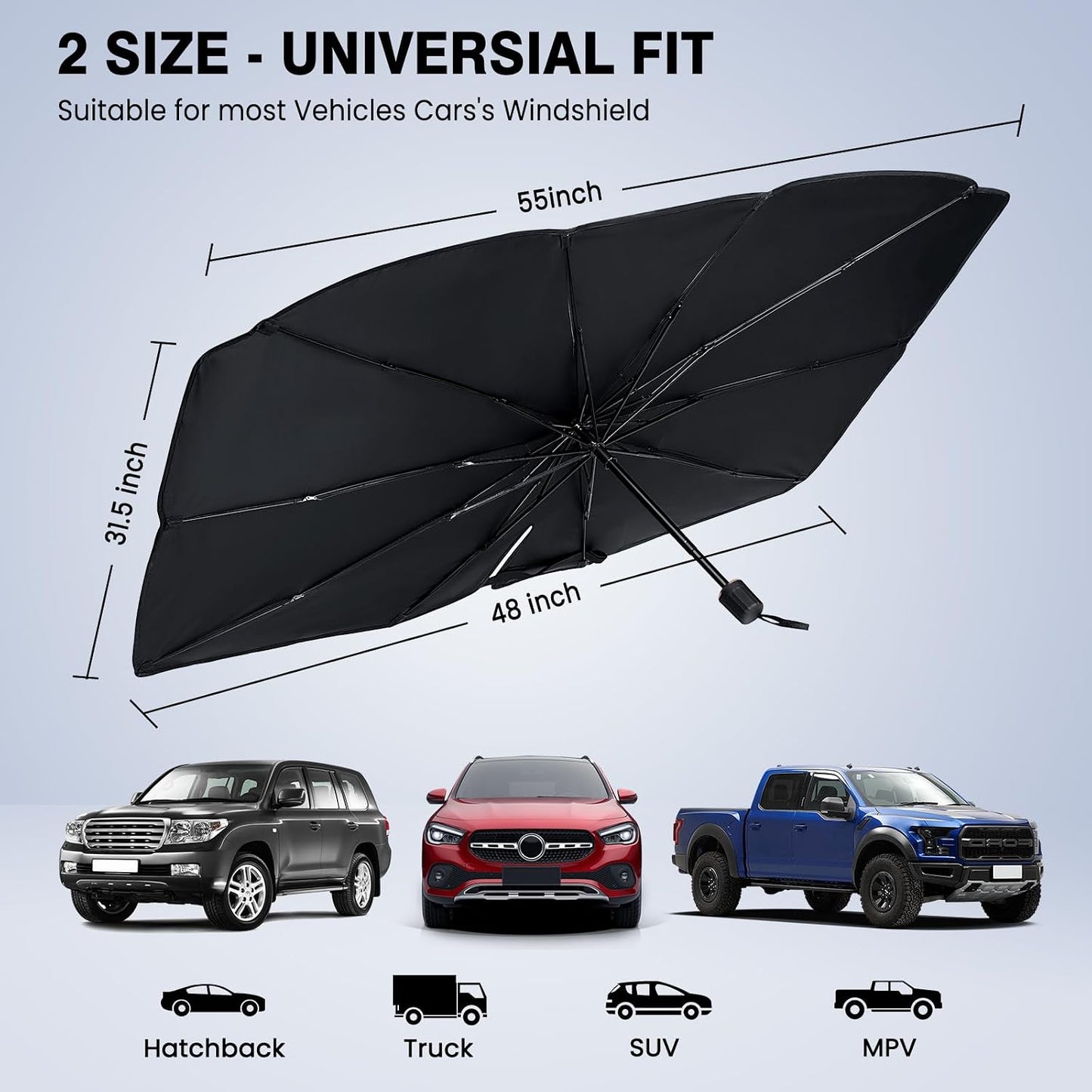Windshield Sun Shade Umbrella - Car Sun Shade Windshield, Foldable Car Window Shades, Reflector Sunshade Offers Ultimate Sun Protection for Hatchback, Truck, SUV, MPV