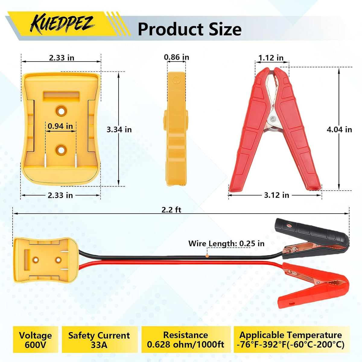Jumper Cables with Adapter for Dewalt 20V Battery | 8AWG 2FT Jumper Starter