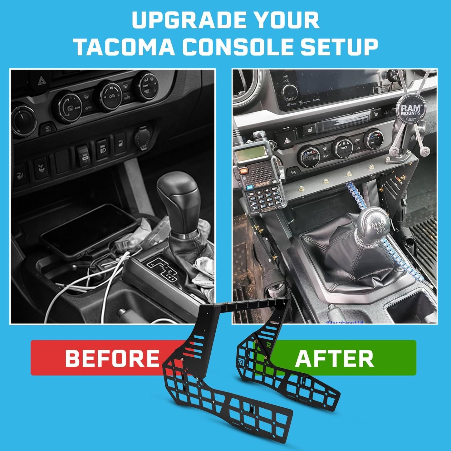 Rago Center Console Molle Storage Panel for 3rd Gen Tacoma 2016-2023 | Interior Organizer, Modular Gear Mount System for Tablets & GPS