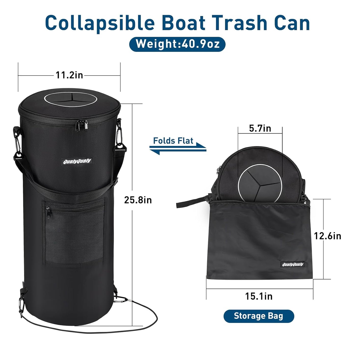 QualyQualy Portable Boat Trash Can, 100% Leak-Proof & Odor-Control Lid, 900D Marine Garbage Bag, Reusable 13 Gal Trash Bag with Snaps, Collapsible for Fishing Pontoon Boat Accessories, Kayak, RV