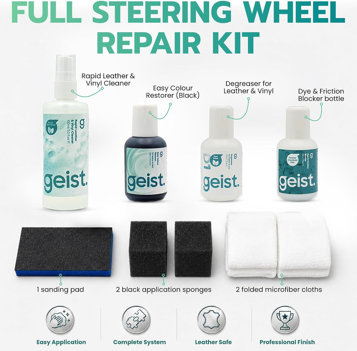 Geist. Steering Wheel Restoration Kit | Degrease and Refresh the colour of worn or scratched black steering wheels
