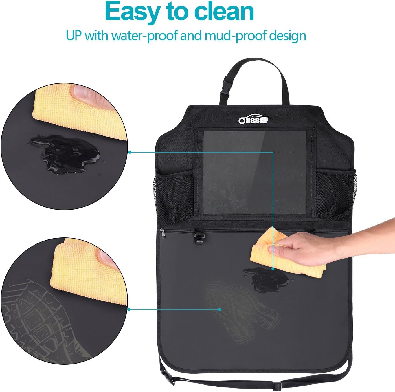 Oasser Seat Back Protector Kick Mats Backseat Car Organizers | 2 Pack, 1 Tissue Box, 12.9" Touch Screen Tablet Holder, Large Back of Seat Protector and Storage for Kids, 8 Pockets, Black