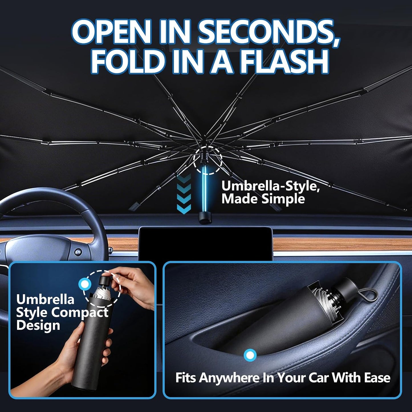 Windshield Sun Shade Car Umbrella: Foldable Retractable Front Window Sunshade Shield with Heat-Insulating Coating - Portable Protection from Heat & UV Rays for Cars, SUVs & Trucks