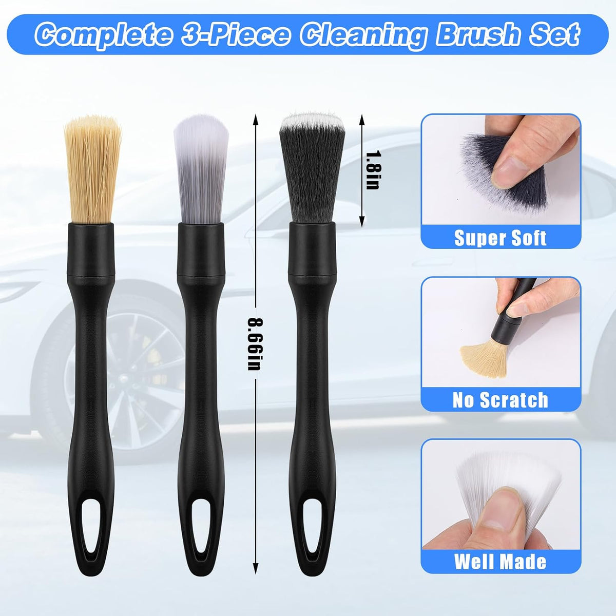 Car Interior Cleaning Kit - Windshield Cleaner Tool, 3 Graded Boar Brushes, Double Head AC Vent Shutter Brush, Towels, Duster, Car Interior Detailing Kit for RVs, Truck, Trailer