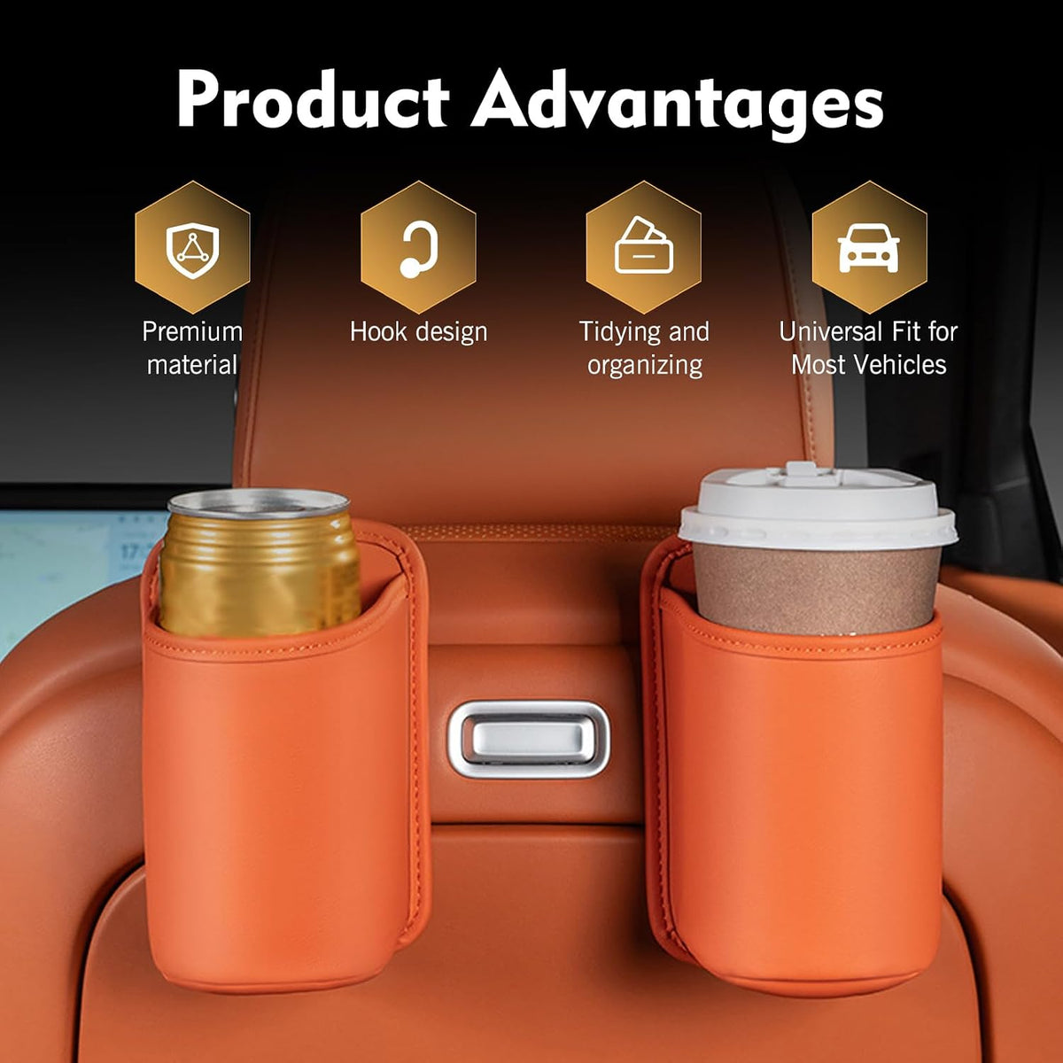 2 PCS Car Seat Back Headrest Cup Holders, Leather Large Capacity Organizer for Cup & Phone & Trash, Anti-spill Multi-functional Hanging Storage Bag, for Cars SUVs Trucks (Orange)