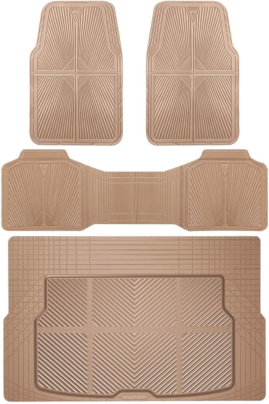 CAR PASS Beige Rubber Floor Mats&Cargo Liner,Waterproof Truck Mats Heavy Duty,All Weather Trim-to-Fit Automotive Mat for Car Truck SUV,Anti-Slip Easy Clean Durable,Full Set 5-Piece,3D Emboss All Beige