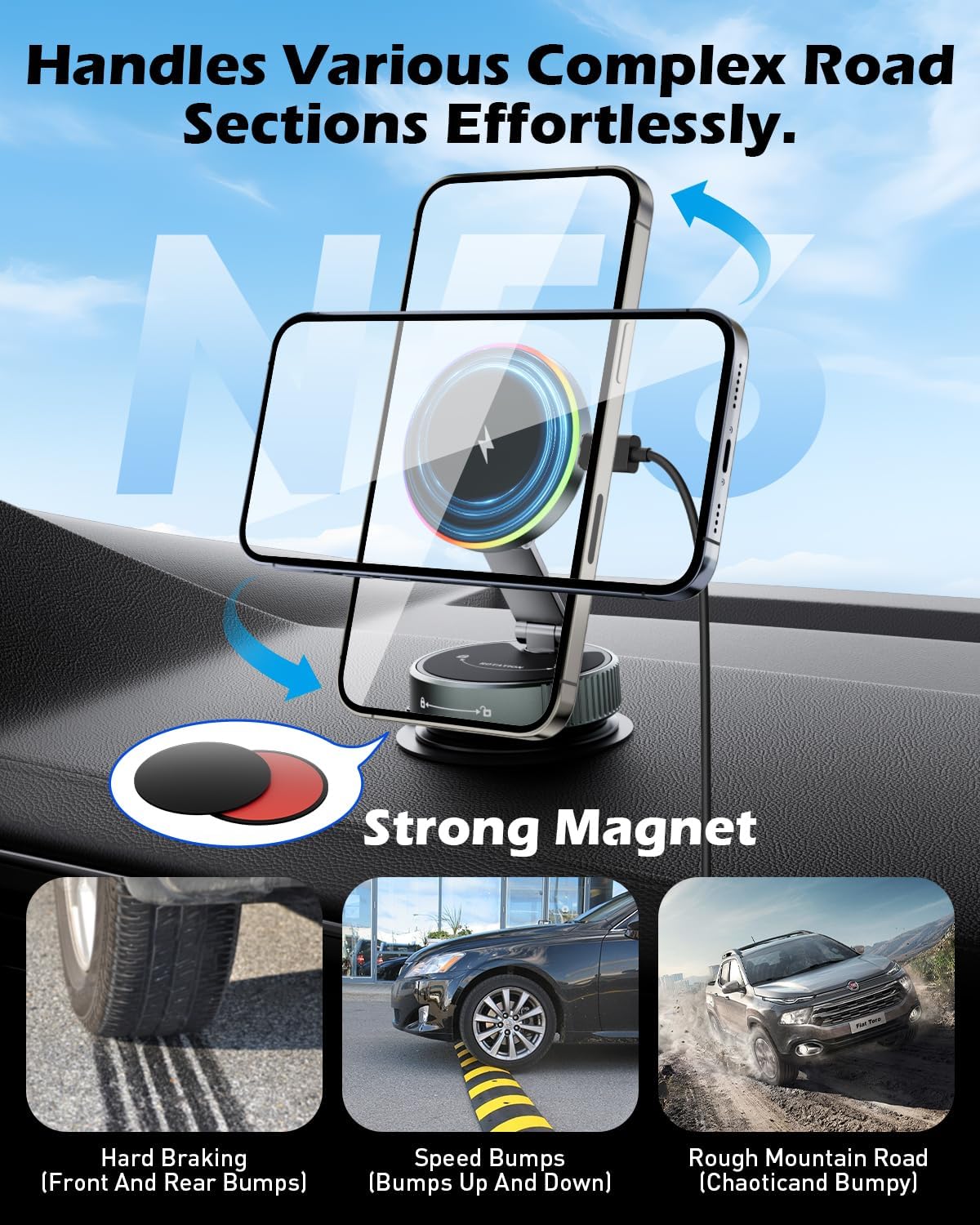 CloudValley 15W Wireless Charger Magnetic Car Phone Holder with RGB Light