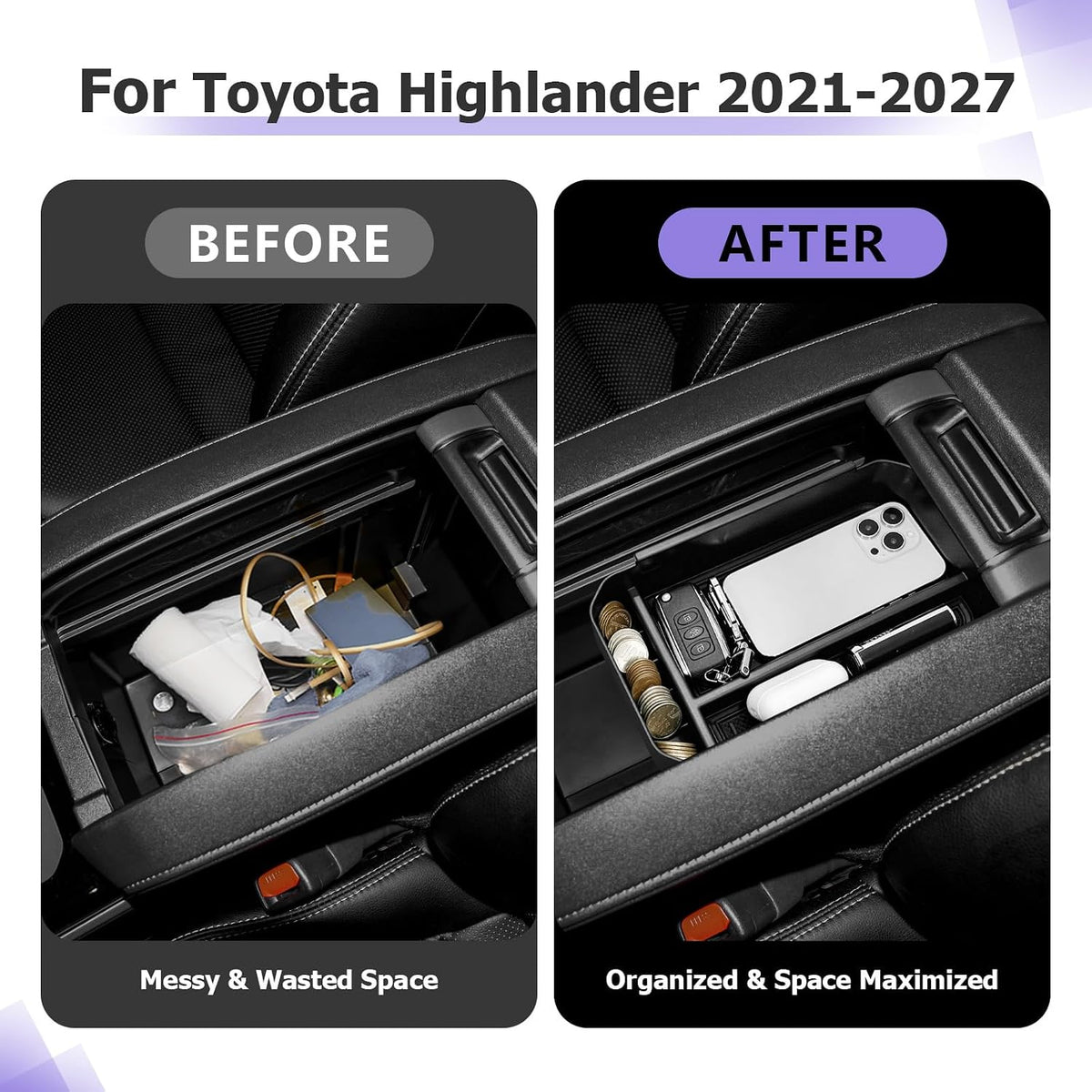 LUWU for 2026 2027 Highlander Center Console Organizer Tray Accessories | for Highlander 2022-2026 2027 Accessories Armrest Insert Storage Box Coin Container (NOT FOR Grand Highlander)
