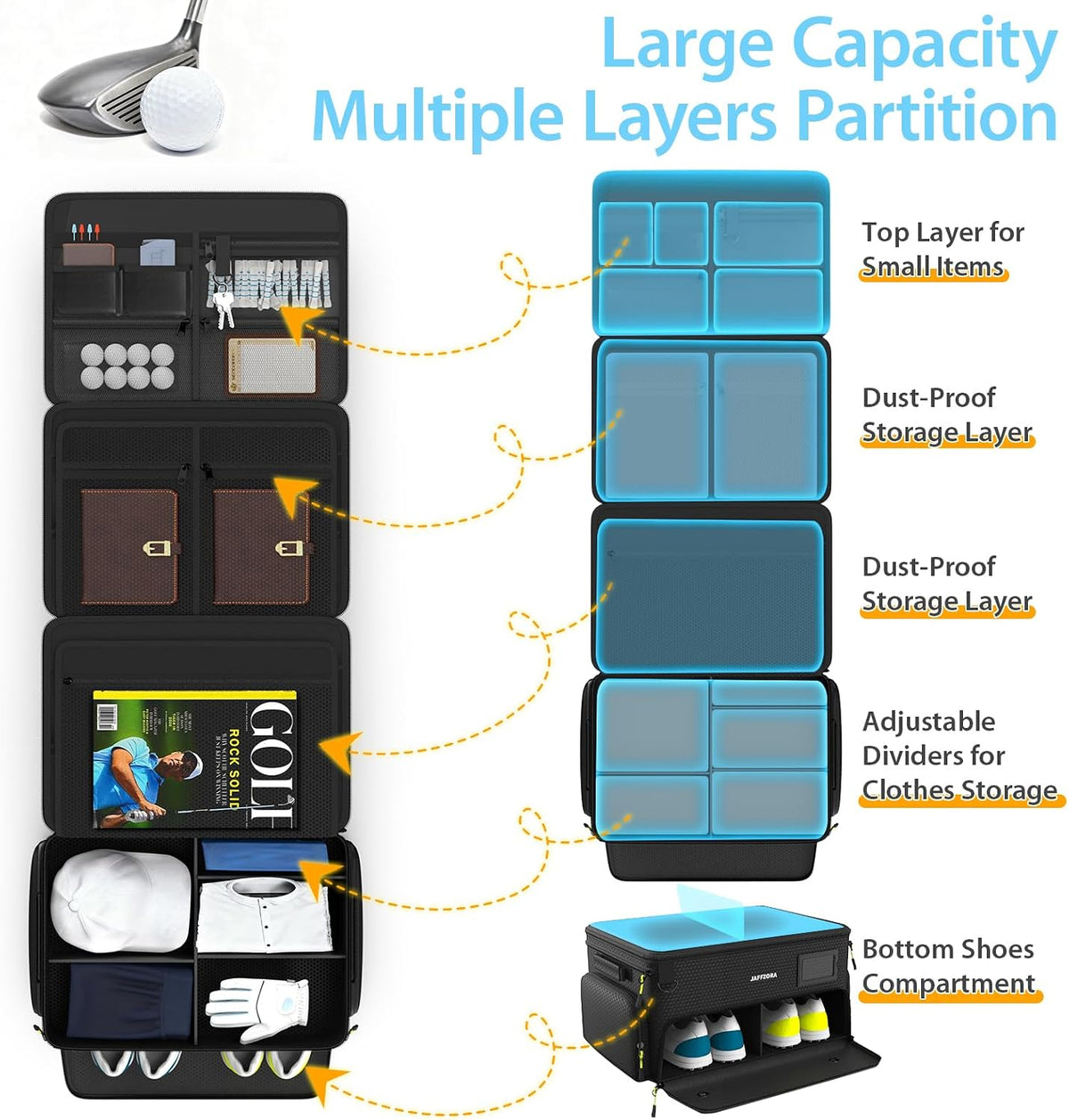 4-Layer Golf Trunk Organizer, Golfer Gifts for Men Women with Separate Ventilated Compartment for 2 Pairs Shoes, Waterproof Car Golf Locker Storage Bag for Golf Gear and Accessories,Black