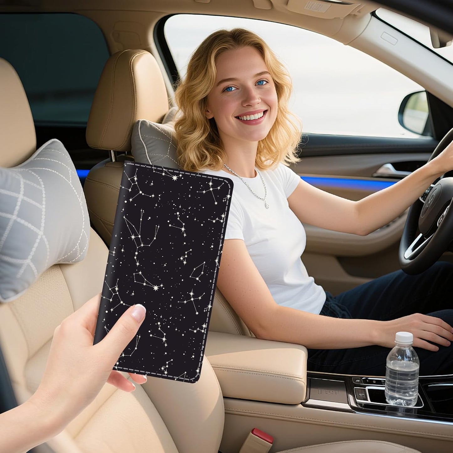 Premium Leather Car Registration and Insurance Card Holder with Magnetic Shut, Cute Vehicle License Document Glove Box Compartment Organizer Cool Car Accessories Black White Galaxy