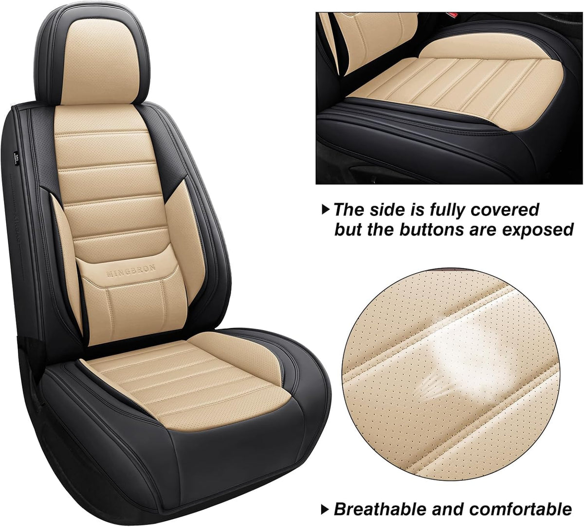 MINGBRON Car Seat Covers Full Set, Brown Car Seat Cover Lumbar Support, Car Seat Protector Waterproof, Nappa Leather Car Seat Cushion, Front Seats and Back Fit for Most Cars Beige