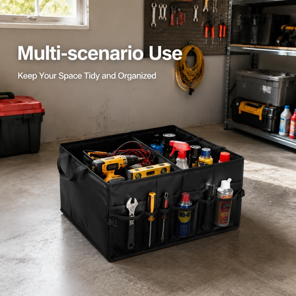 Collapsible Car Trunk Organizer with Leak-Proof Base, Adjustable Sections | Folds flat. Waterproof Oxford fabric, leak-proof base. Fits sedans, SUVs, trucks. Organizador maletero plegable