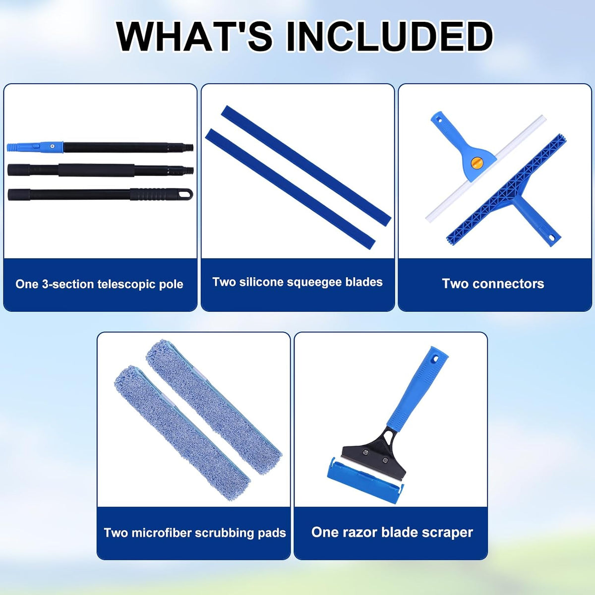 3-in-1 Professional Window Squeegee Kit with 2 Squeegee, 2 Microfiber Scrubber, 1 Razor Scraper, Thick Iron, 48.8" Window Squeegee with Extension Pole for Car, Glass, Mirror, Wall, Bathroom, Home, Van