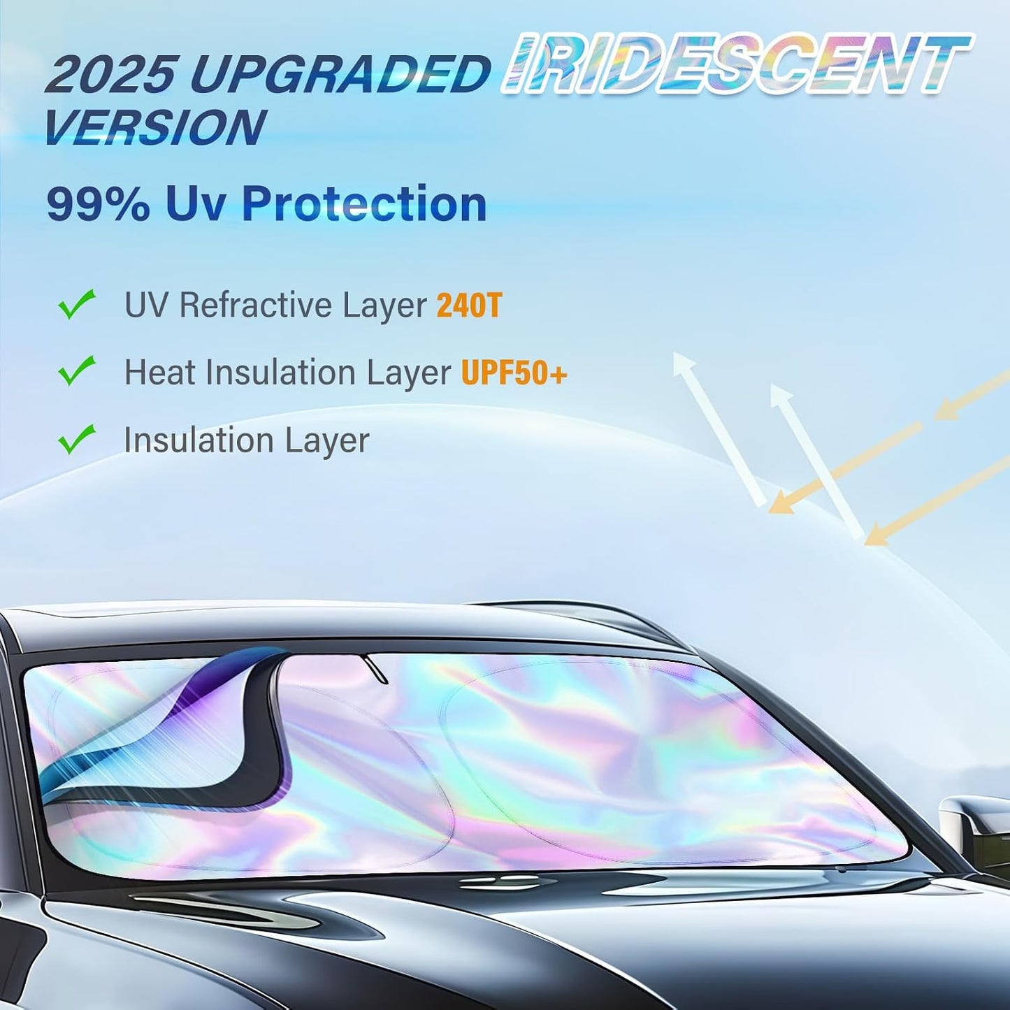 Iridescent Sun Shade for Car Windshield, Foldable Universal Car Windshield Upgrade Sunshade Enhanced UV Rays Reflective Sun Visor Shade Keeps Vehicle Cool