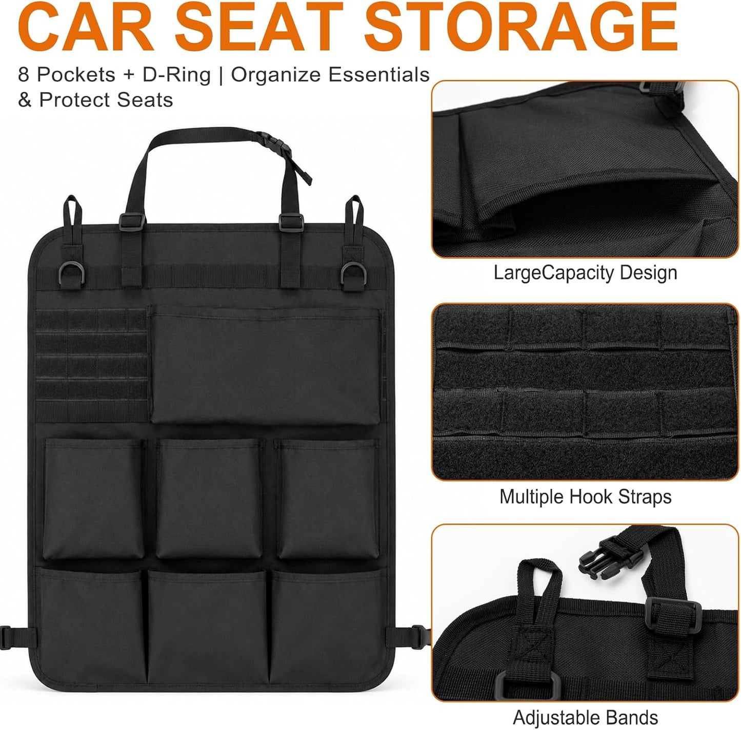 Car Seat Back Organizer, Automotive Back Seat Organizer with 8 Pockets, Hanging Vehicle Backseat Storage Bag, Universal Travel Accessories for Car Jeep SUV Truck, Black