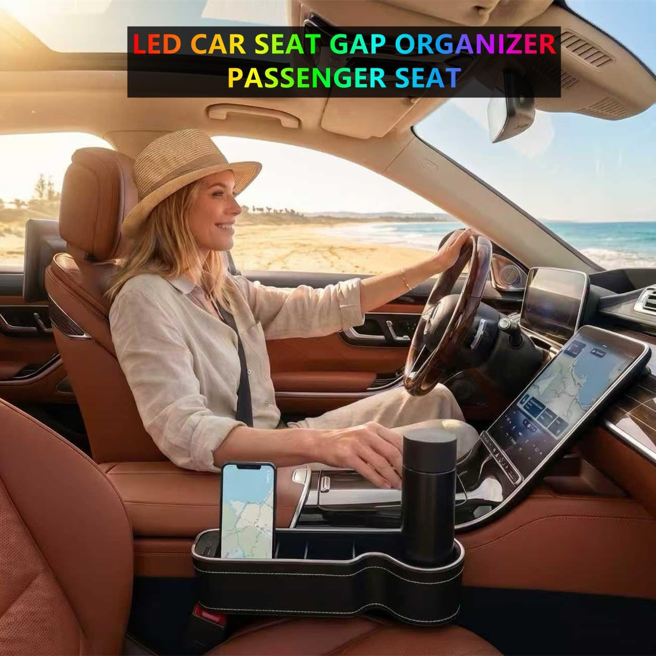 7 Color Led Car Seat Gap Filler Organizer Car Seat Pocket Gap Filler with USB+C Fast Charger,Car Gap Organizer Storage 2023 Console Side Seat Gap Filler fit for Passenger Side(Black-passenger side)