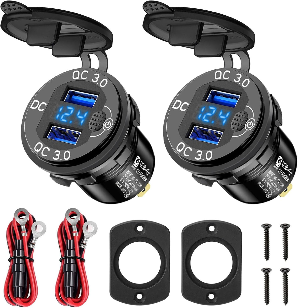 Linkstyle 2PCS 12V USB Outlet, Dual 18W QC3.0 USB A Ports Car Charger Socket with Botton Switch & Blue LED Voltmeter for 12V/24V RV Boat Truck