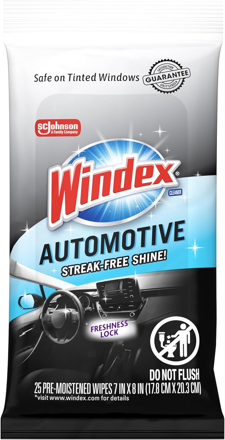 Windex Auto Wipes for Car Windows, Mirrors and Screens, Pre-Moistened Car Cleaner Wipes for Quick Streak-Free Shine, Guaranteed Safe-for Tinted Windows and Electronics, 25 count (Pack of 12)