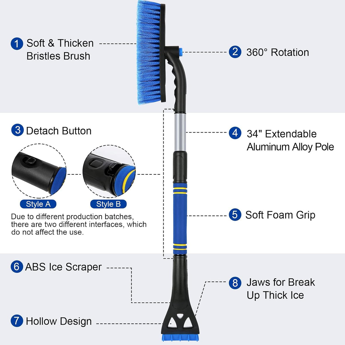 BFONS 2 PCS Ice Scrapers for Car Windshield, 2-in-1 Snow Scraper and Snow Brush for Car SUV Truck, Car Ice Windshield Scraper for Ice and Snow with 360° Pivoting Brush and Ergonomic Foam Grip Blue