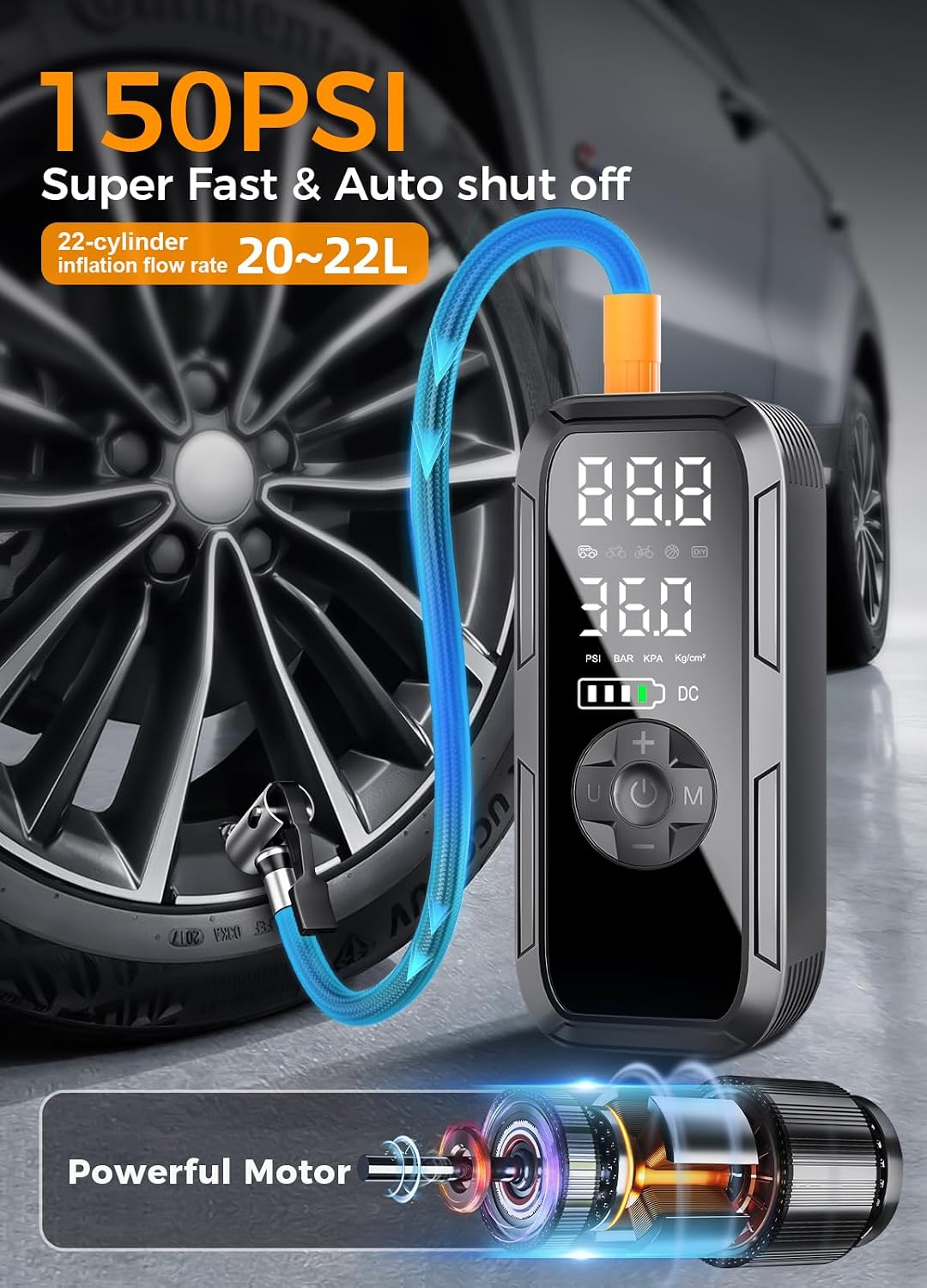 Y51 Tire Inflator Portable Air Compressor, 150 PSI Cordless Electric Air Pump for Car Tires, Auto Shut-Off/ 4500mAh/ 12V DC Car Plug/Accurate LCD Display & LED Light for Car, Motorcycle, Bike, Ball