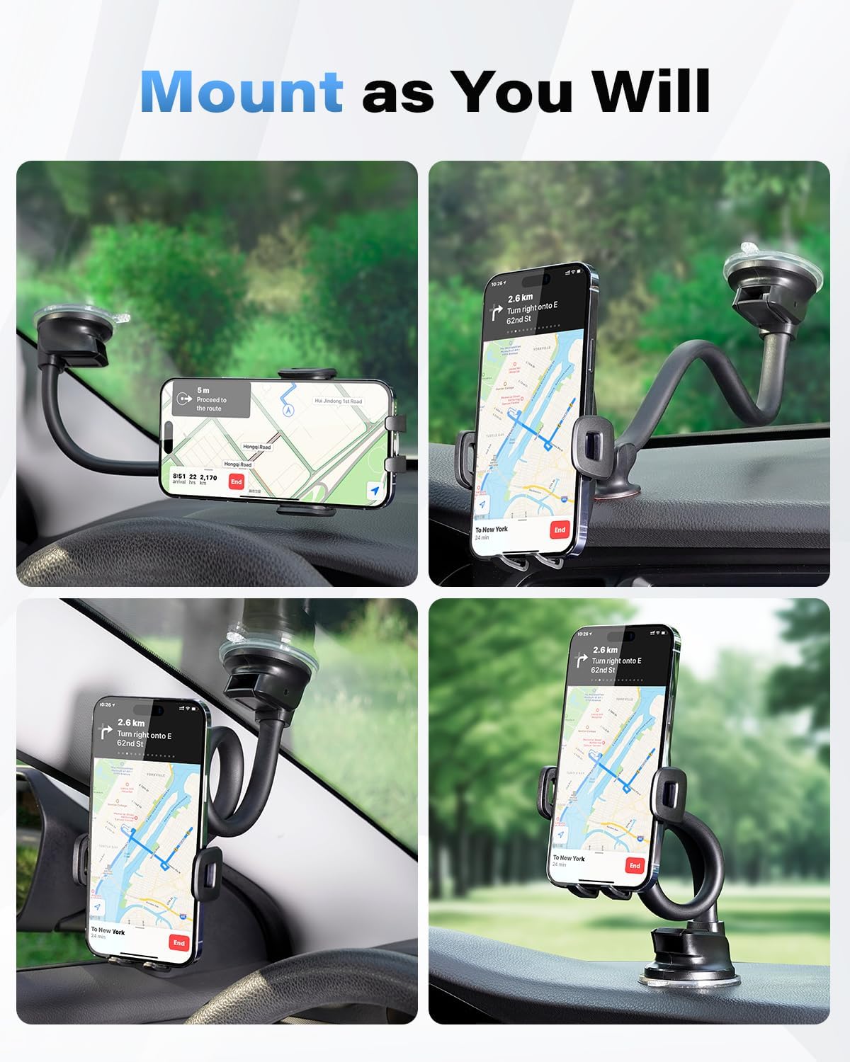 1Zero Solid Car Truck Phone Mount Holder Black with 14" Gooseneck Long Arm