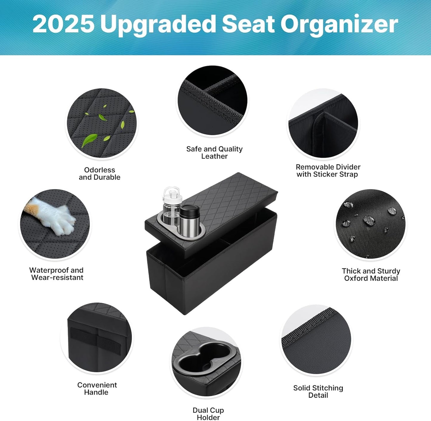 Mixsuper Liner Car Seat Organizer for Kia Telluride 2020-2026 Center Console Organizer with Cup Holders for Telluride, Kids Toys Baby Supplies Dog Toy Box Storage Bin Travel Accessories
