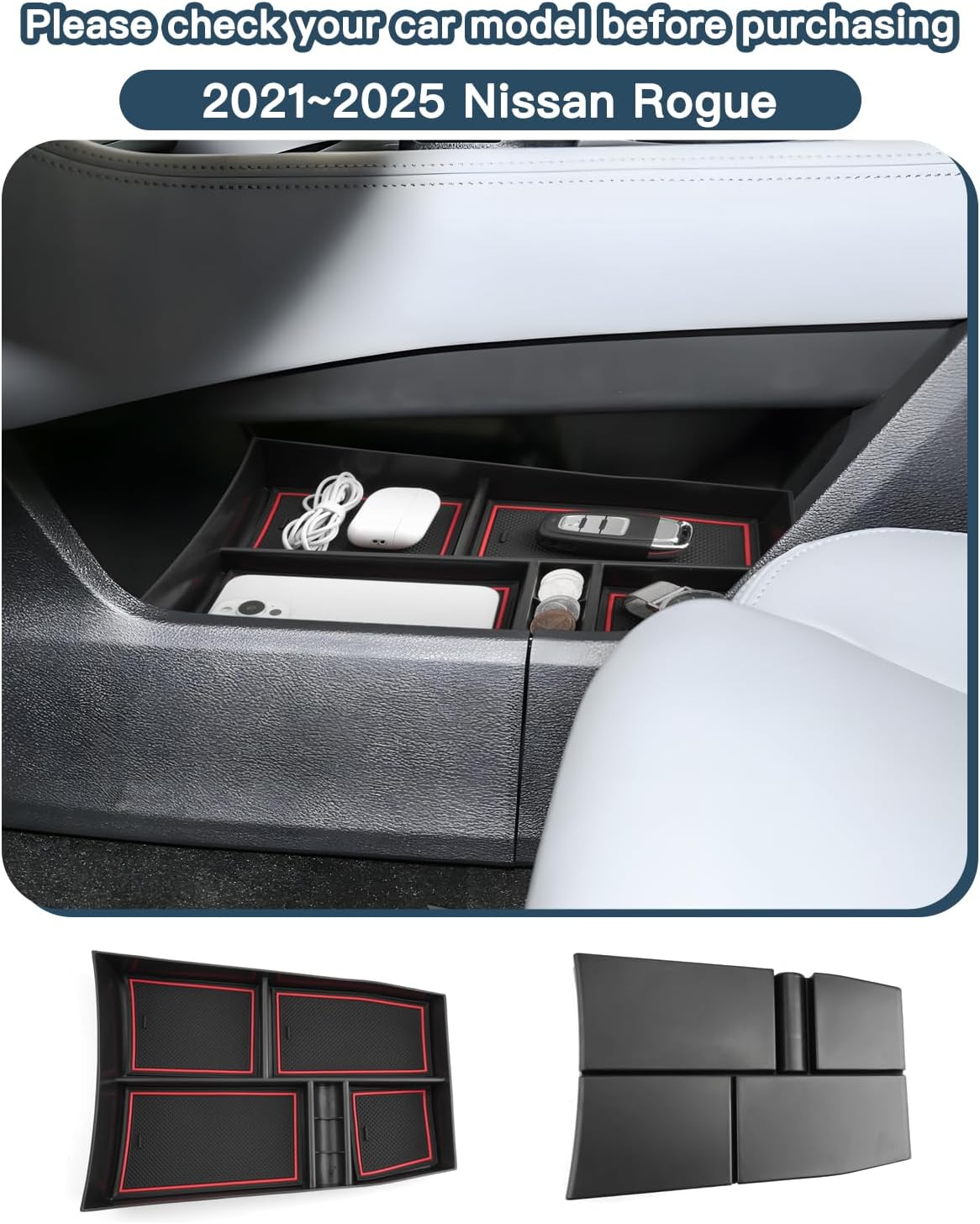 Ruiya 2026 Rogue Lower Console Organizer Nissan Rogue 2026 Accessories ABS with Coin Storage Under Console Organizer Compatible with 2021-2026 Nissan Rogue & 2026.5 Nissan Rogue All Trims