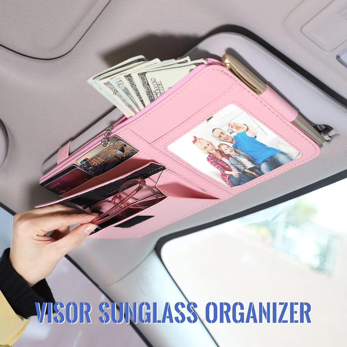 Pink Car Sun Visor Organizer, Multi-Pocket Storage Pouch for Trucks & SUV