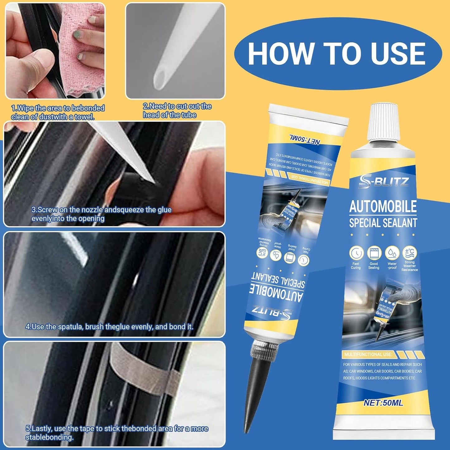 Automotive Body Adhesive Sealant, Windshield Sealant - 100ml Car Trim Glue, Car Glue Exterior & Interior, Heat Resistant & Strong Seal, Car Body Sealant for Weatherstrip, Door Rubber, Plastic Trim