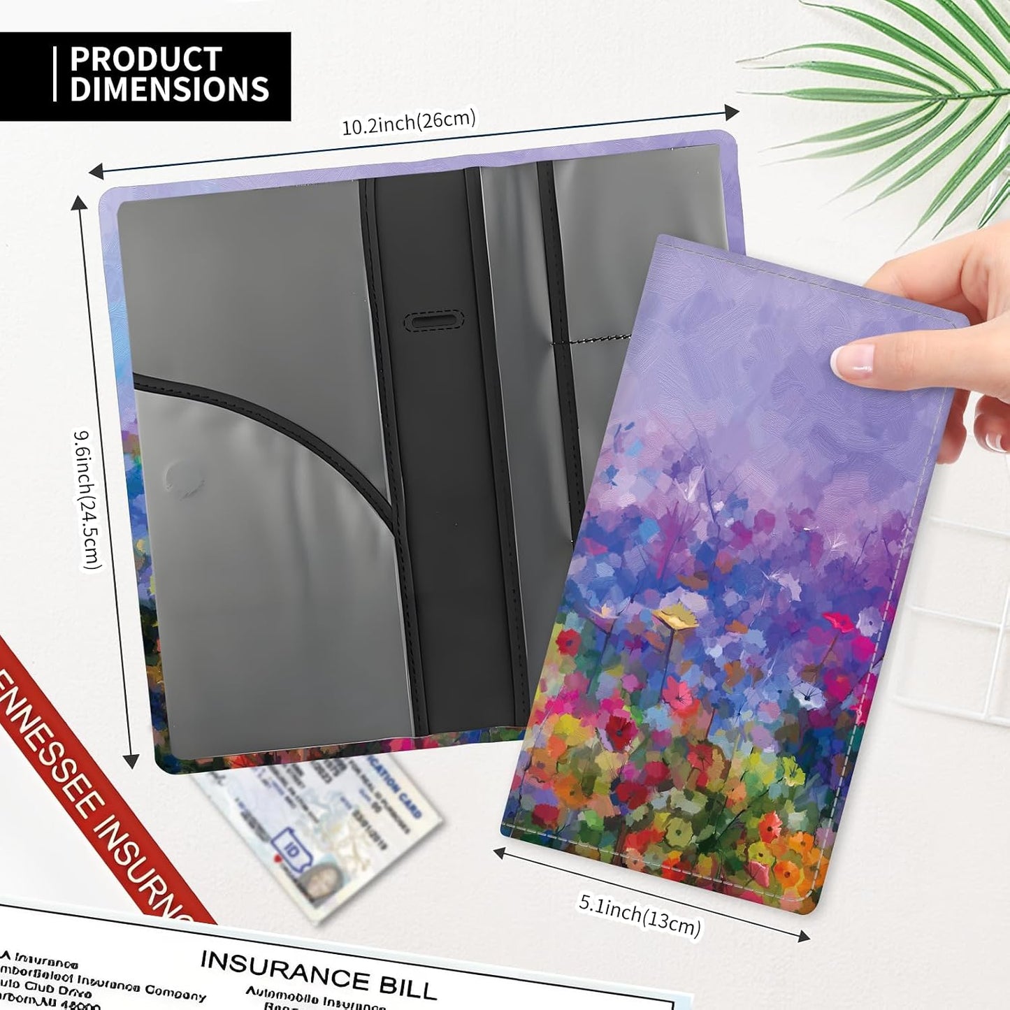Leather Car Registration and Insurance Card Holder, Cute Car Accessories Vehicle Glove Box Car Organizer for Documents, Cards, License Abstract Watercolor Flower