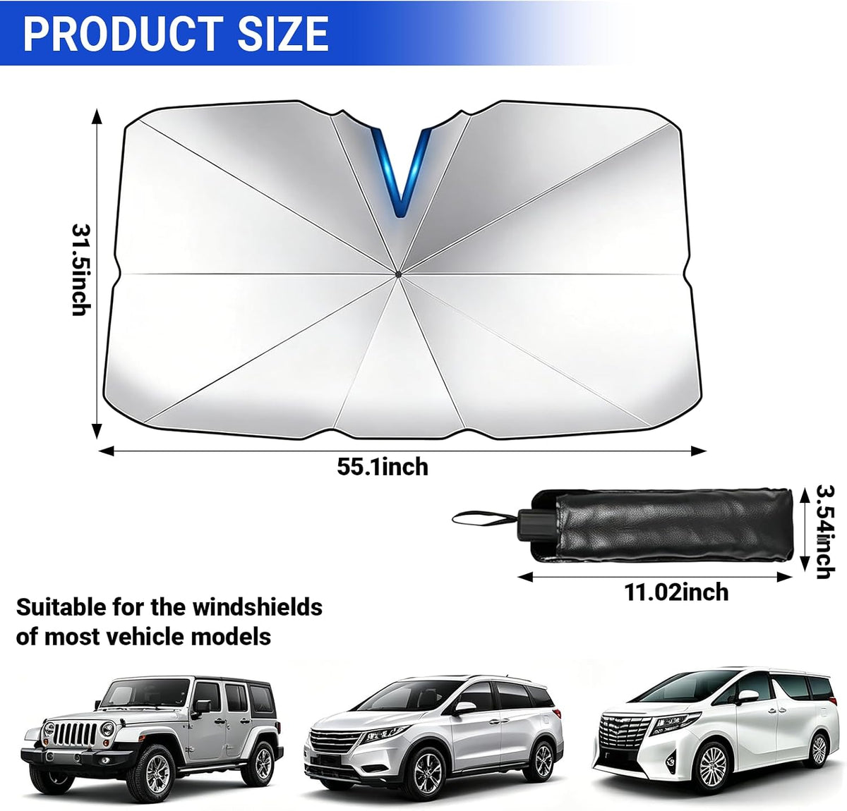 Windshield Sun Shade Umbrella, Foldable Car Sunshade, Ice Crystal Cooling Coating Car Sunshade & Heat Shield, UPF 50+ UV Protection, Spring-Enhanced Frame for Most Sedans SUVs (55"x31")