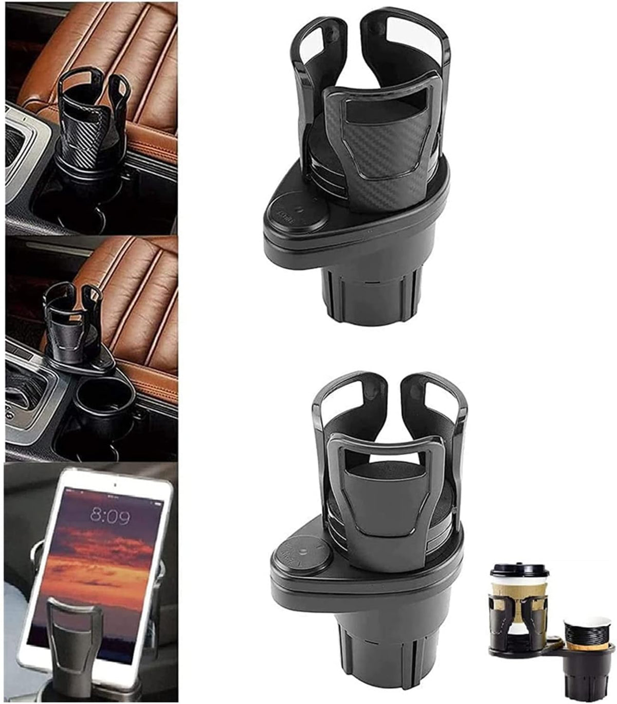 Cup Holder Multifunctional Adjustable 2in1 Car Seat Cup Holder Car Cup Holder Expander Adapter for Water Bottle Drink Coffee Food Storage (Matt Black)