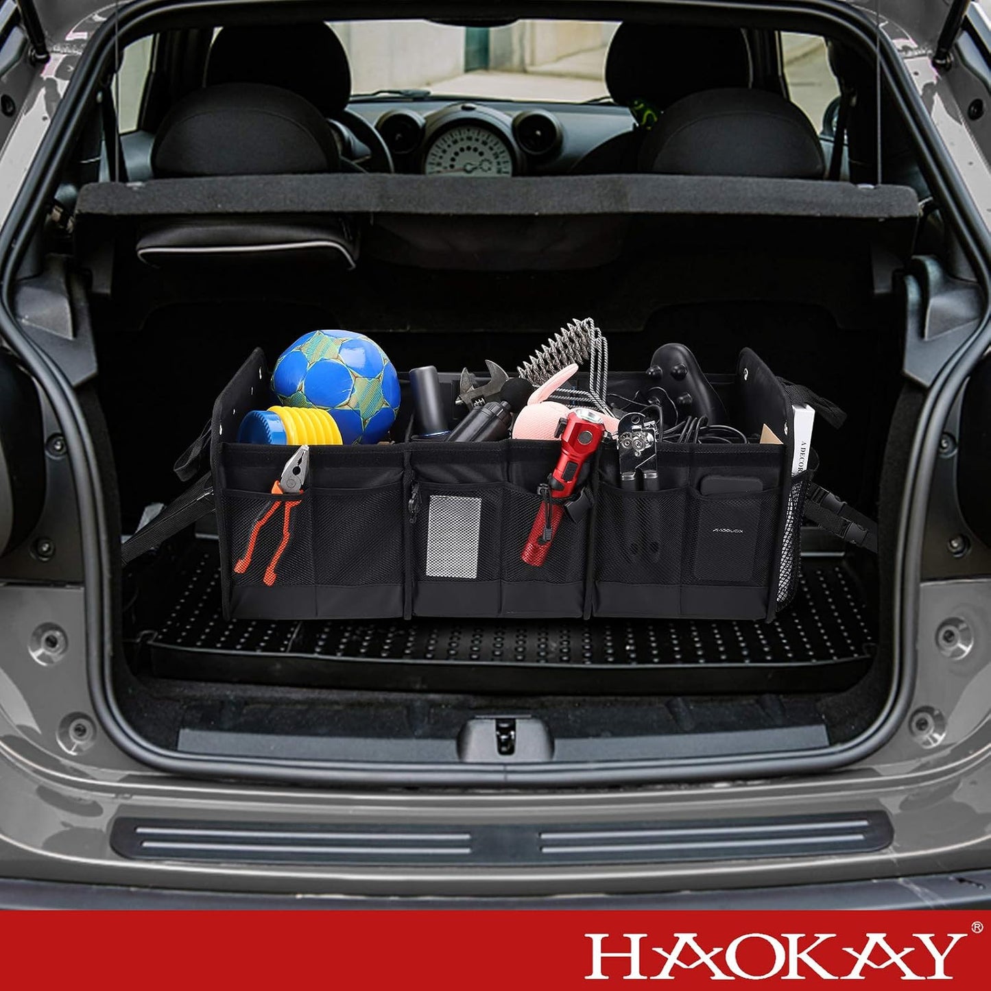 HAOKAY Car Trunk Organizer with Lid，Heavy Duty Extra Large Premium Black Oxford Multi Compartments Collapsible trunk organizer for SUV, Van, Truck, Sedan, Jeep （90L