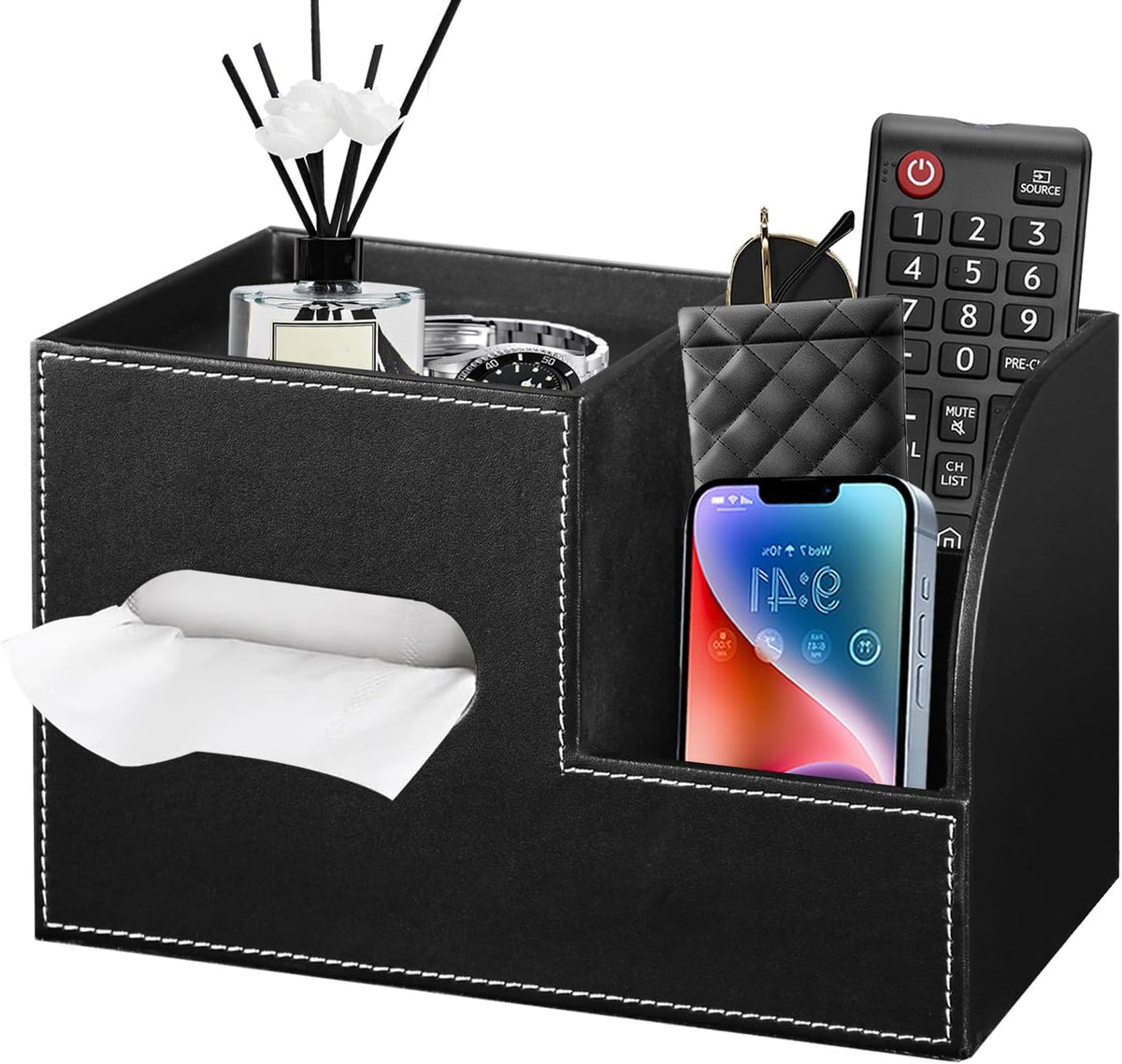 PU Leather Square Tissue Box Cover with Storage Tray,Cube Tissue Box Holder