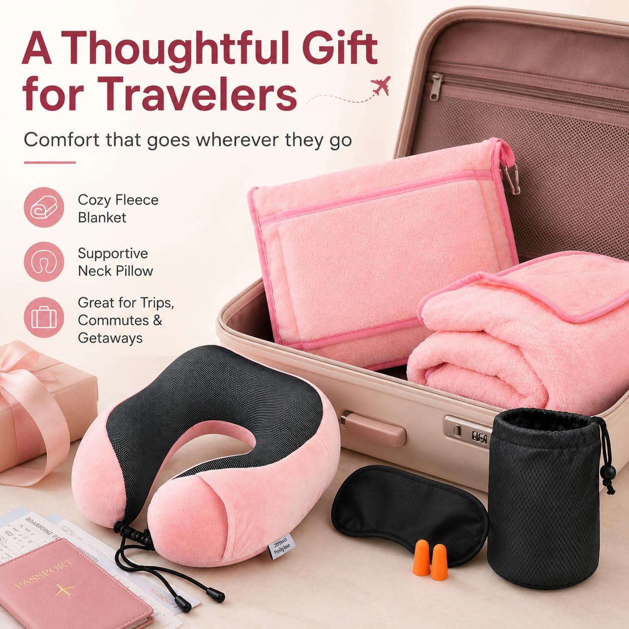 Travel Blanket and Pillow Set - Travel Neck Pillow & Blanket for Airplane, Thick Fleece Blankets Campact with Bag, Memory Foam Neck Pillows, Sleep Mask, Earplugs for Plane Traveling Essentials, Pink