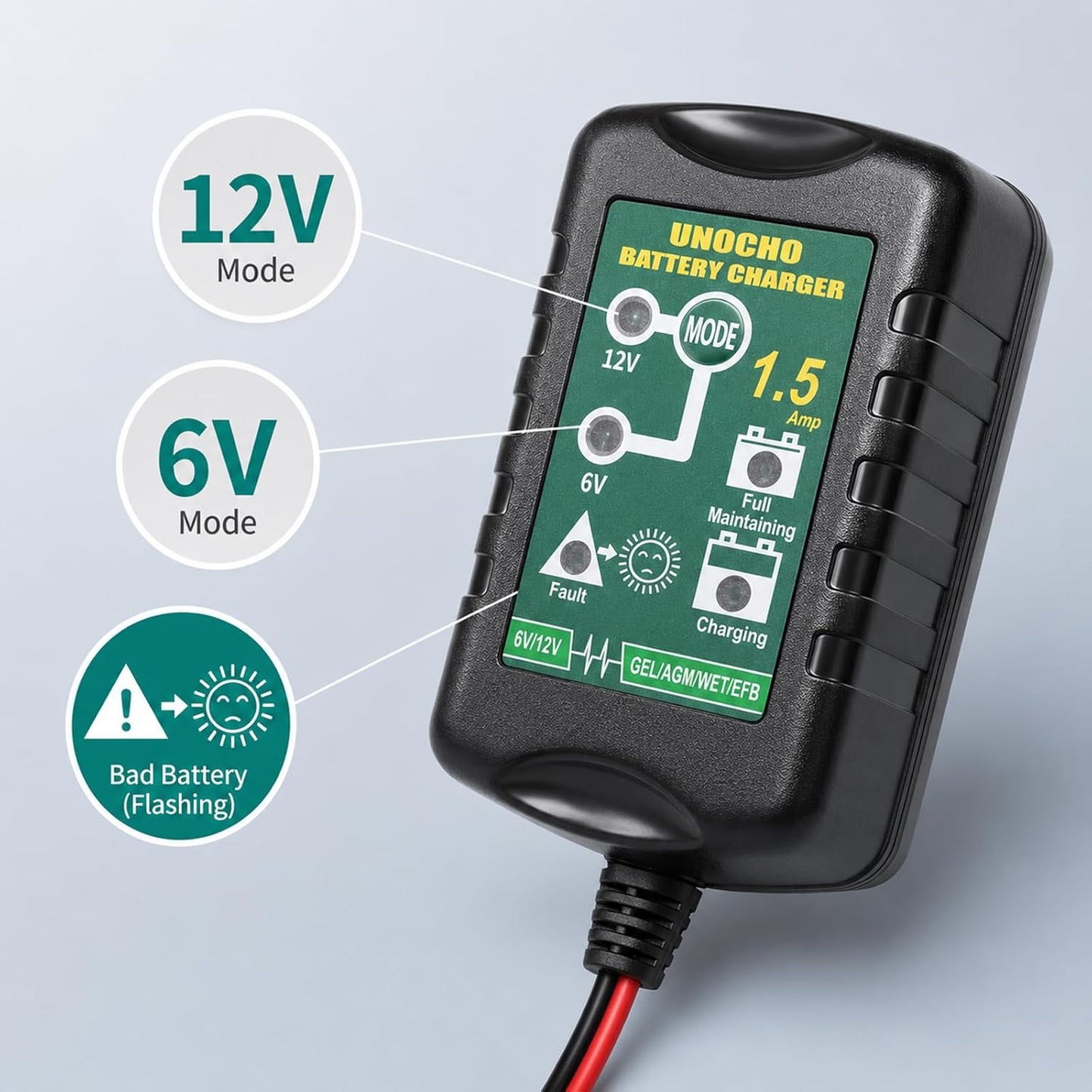Unocho 6V/12V Battery Charger Maintainer 1.5A Automatic Trickle Charger Smart Float Charger for Car Motorcycle Lawn Mower Boat ATV Snowmobile Lead-Acid AGM GEL SLA VRLA WET Batteries