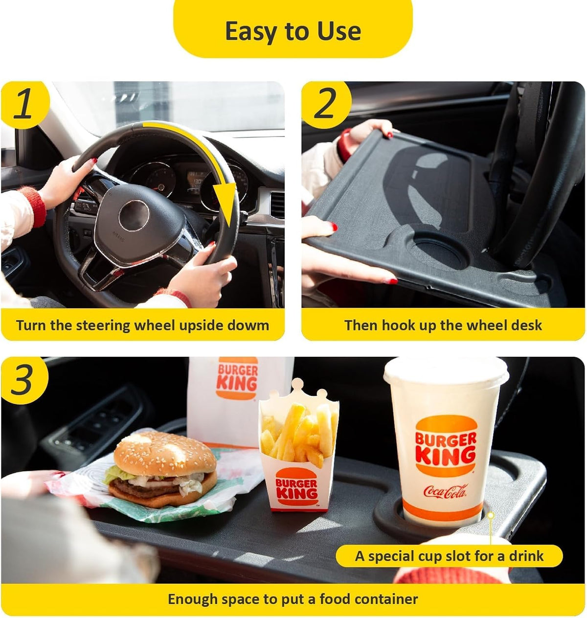 1 Pack Steering Wheel Tray for 5th Gen Toyota 4Runner 2010-2024, Portable Car Desk Food Eating Table Laptop Holder Workstation Black