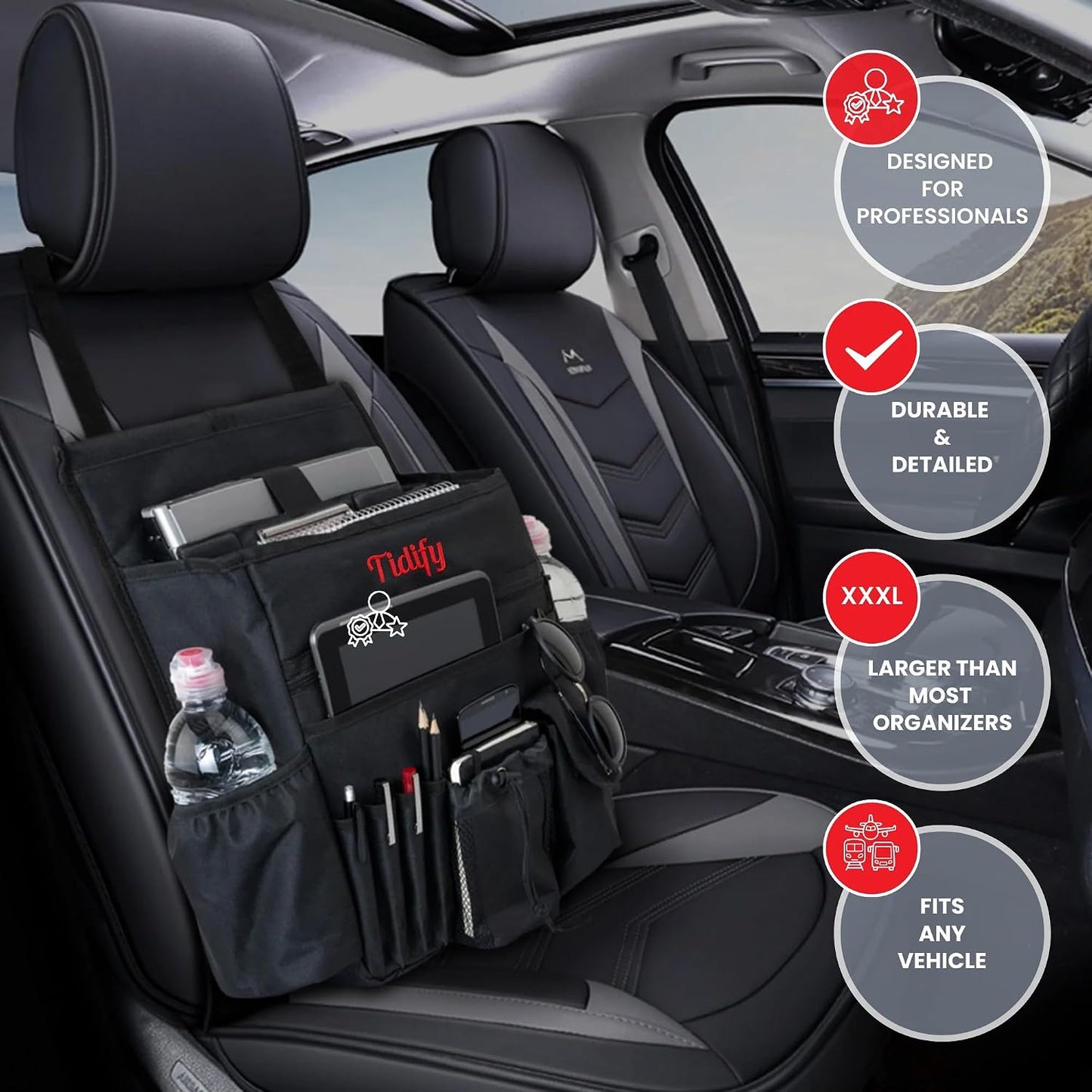 Tidify Car Front Seat Organizer [2025 UPDATED] with Dedicated Tablet and Laptop Storage Stabilizing Side Straps Soft Adjustable Shoulder Strap and Hardened Buckles Your Office Away from Office.