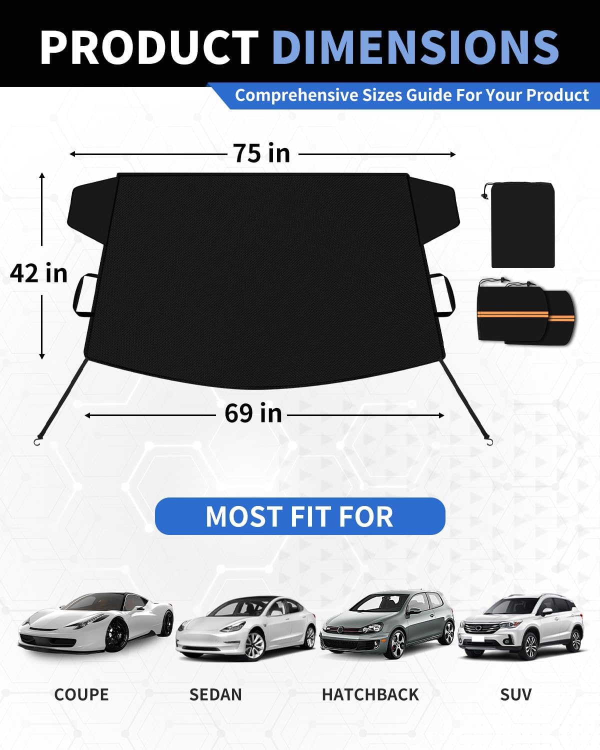 METOWARE 600D Windshield Cover - Heavy Duty All-Weather Sun Shade & Snow Frost Guard, UV Protector, Waterproof Windshield Protector with Mirror Covers for Cars, Sedans, Compact SUVs (69"x42")