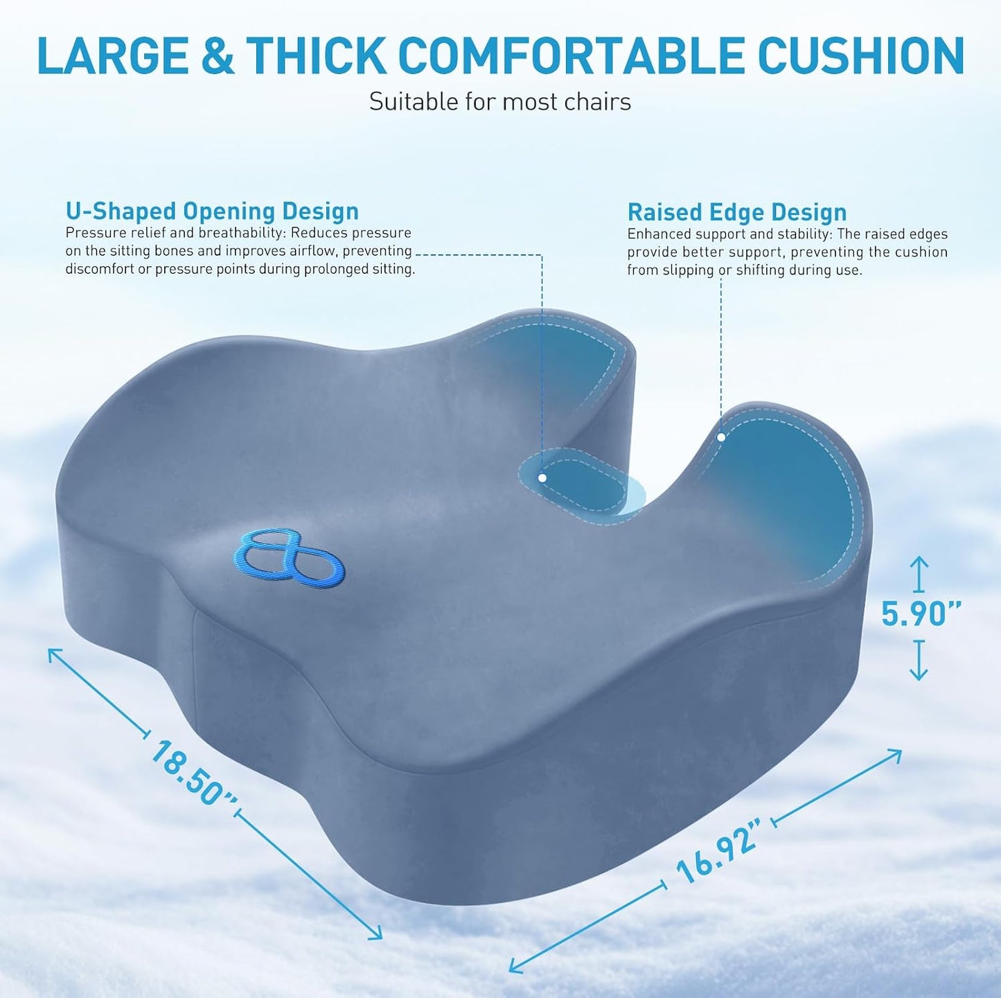 BlissTrends Extra Thick Seat Cushion for Office Chair & Car Seat,LightBlue | Tailbone & Sciatica Relief, Ergonomic Support, High-Density Memory Foam, Comfort for Extended Sitting