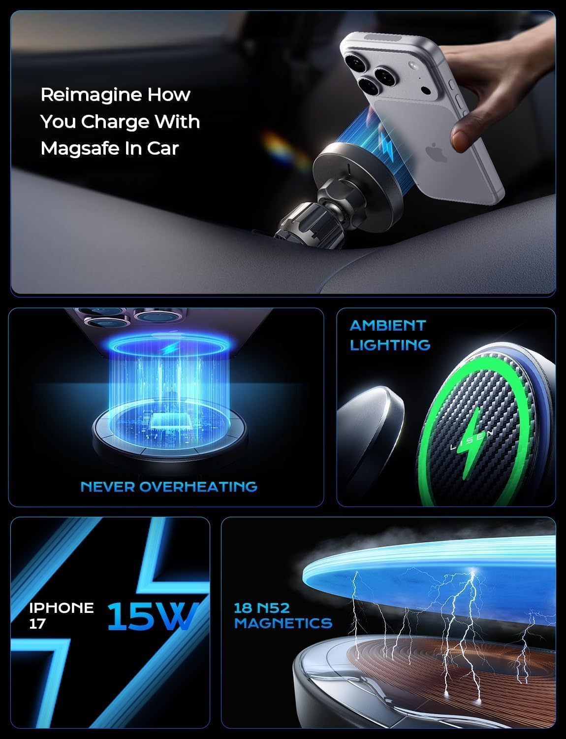 LISEN 15W MagSafe Car Mount Charger for iPhone 18 Pro Max, [Carbon Fiber] Magnetic Wireless Car Charger, Dashboard & Air Vent Car Phone Holder Mount Magnetic Universal for iPhone 17/16/15/14 Pro Max
