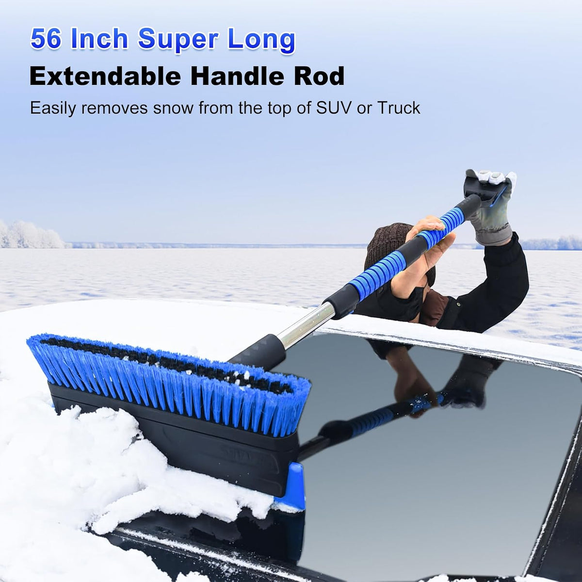 SEAAES 56 Inch Long Snow Brush Scraper and Snow Broom for Truck - Blue